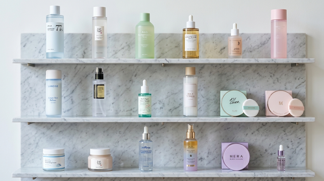 K-beauty products arranged for global markets