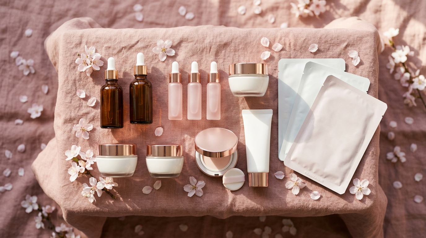 Curated Korean beauty skincare product flatlay on dusty-pink backdrop